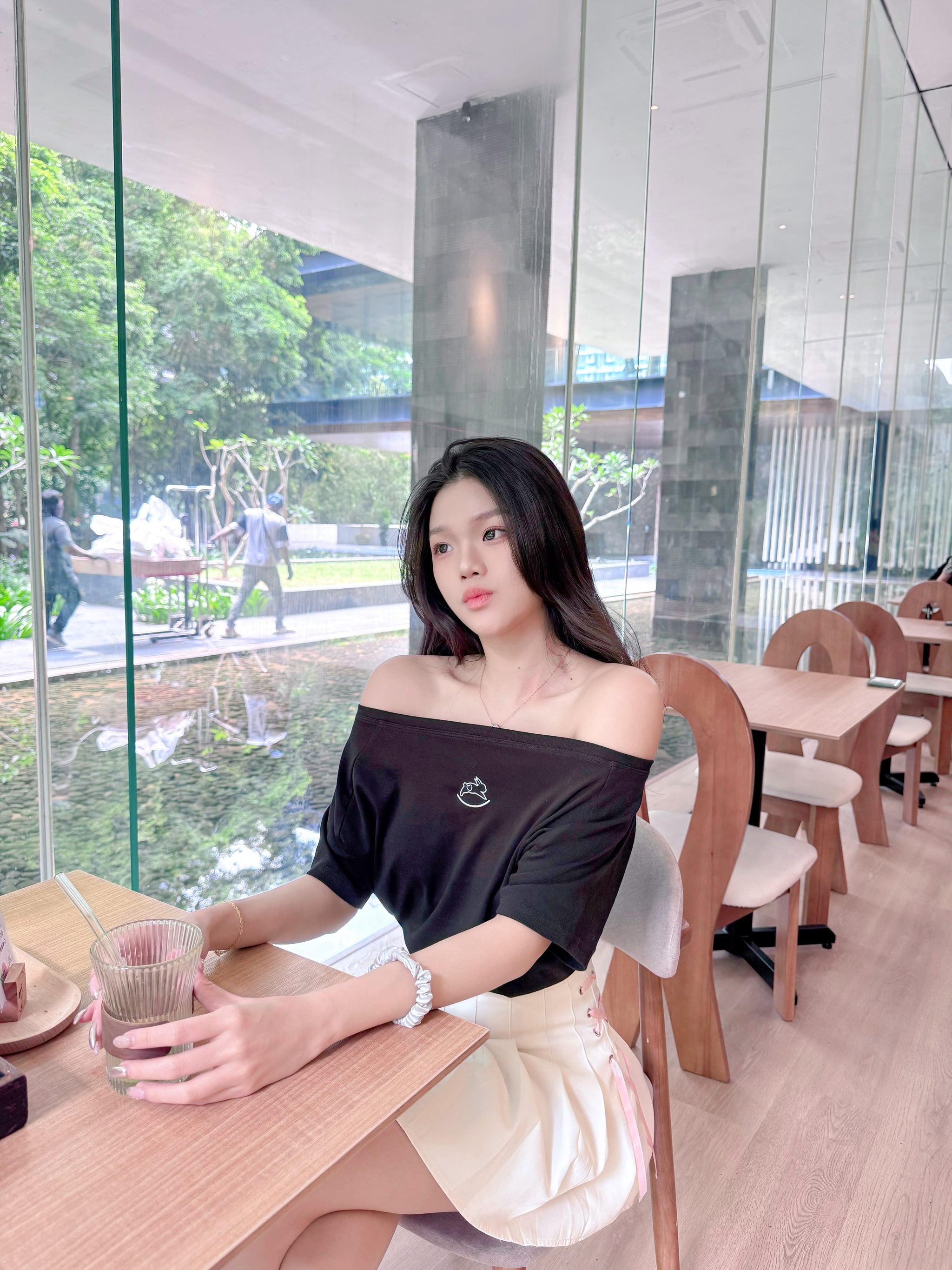 JoyDion Daisy Embroidered Bunny Off-Shoulder Tee