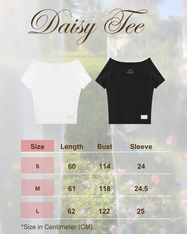 JoyDion Daisy Embroidered Bunny Off-Shoulder Tee