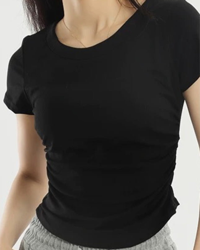 Pleated Waist Crewneck Tee with Built-in Bra Pad