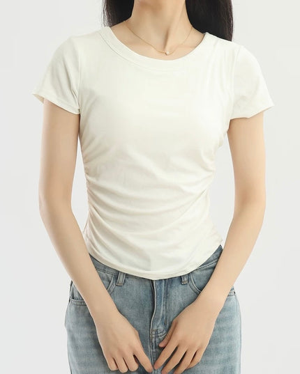 Pleated Waist Crewneck Tee with Built-in Bra Pad