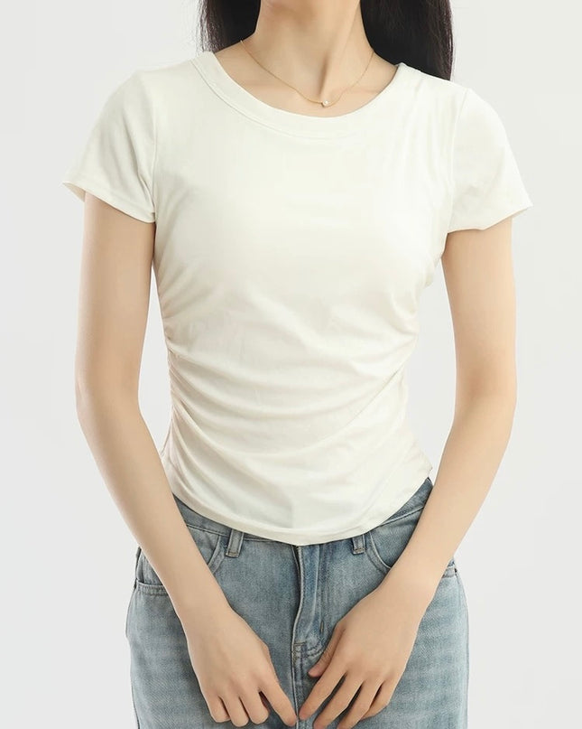 Pleated Waist Crewneck Tee with Built-in Bra Pad