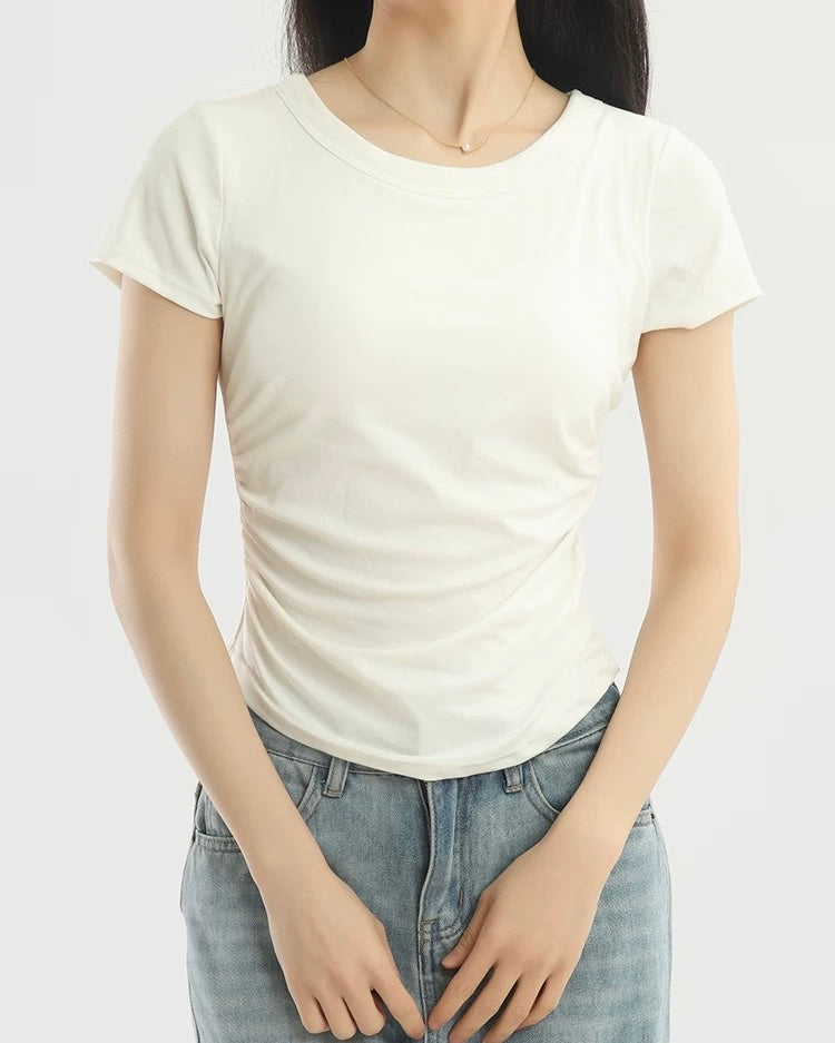 Pleated Waist Crewneck Tee with Built-in Bra Pad