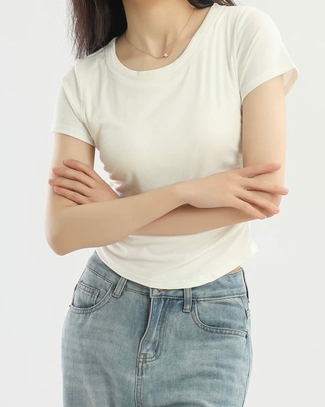 Pleated Waist Crewneck Tee with Built-in Bra Pad