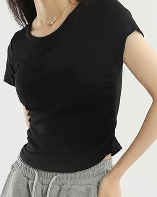 Pleated Waist Crewneck Tee with Built-in Bra Pad