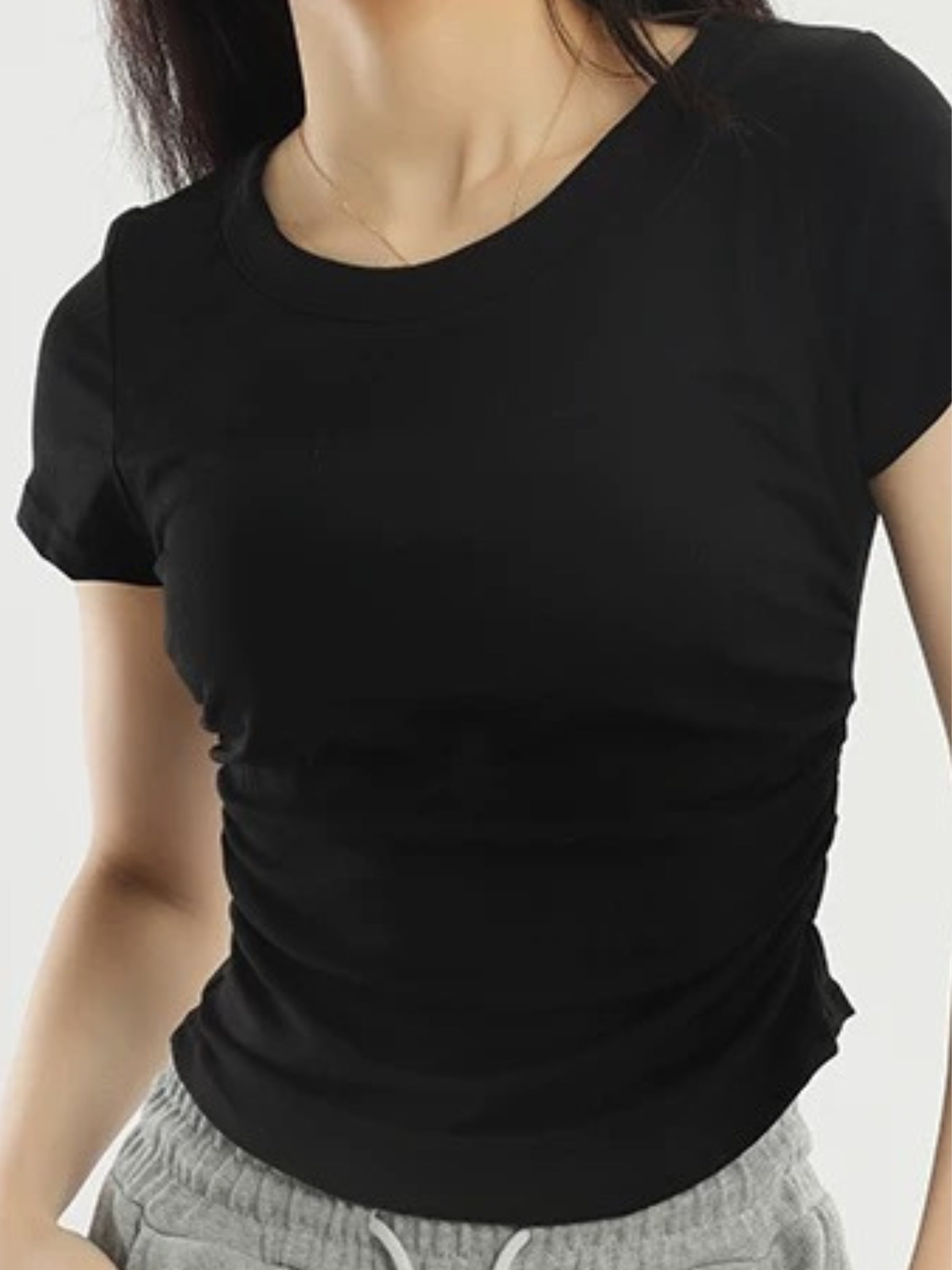 Pleated Waist Crewneck Tee with Built-in Bra Pad