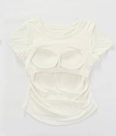 Pleated Waist Crewneck Tee with Built-in Bra Pad