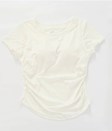 Pleated Waist Crewneck Tee with Built-in Bra Pad