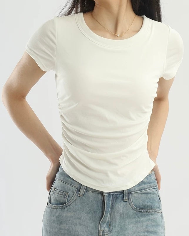 Pleated Waist Crewneck Tee with Built-in Bra Pad