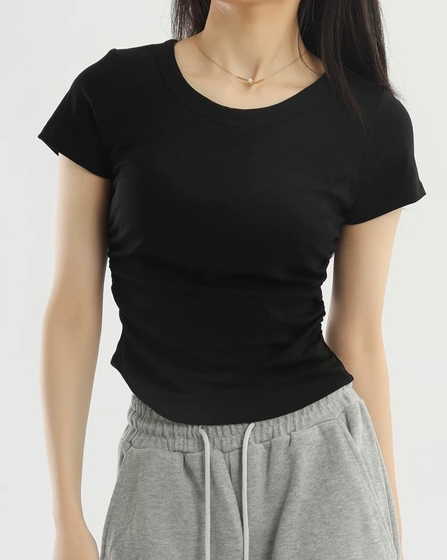Pleated Waist Crewneck Tee with Built-in Bra Pad