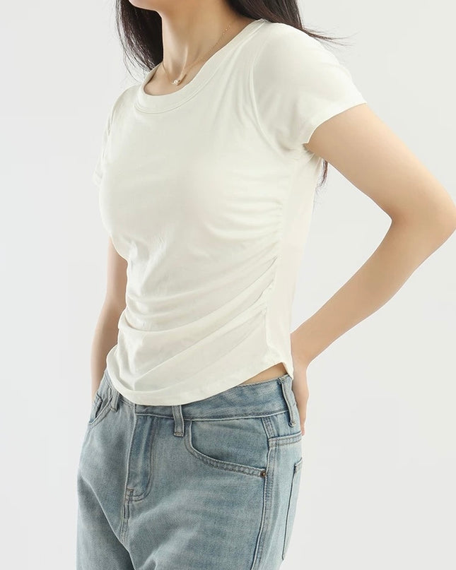 Pleated Waist Crewneck Tee with Built-in Bra Pad