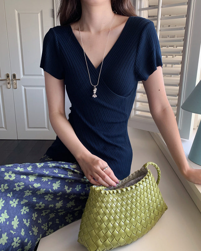 Slim Fit Two-Way Cross V-Neck Knit Top