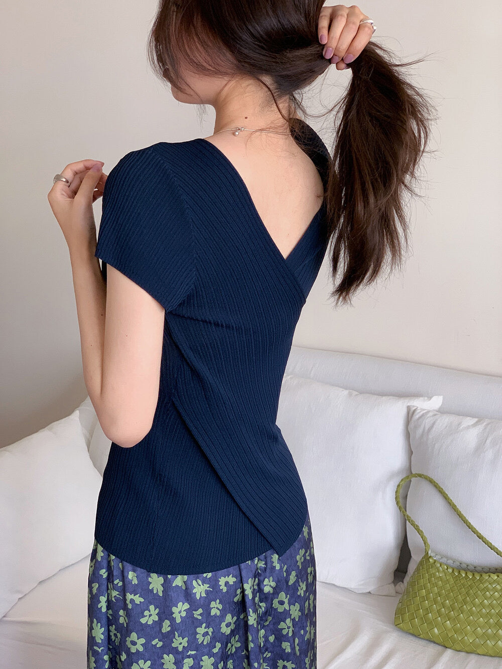 Slim Fit Two-Way Cross V-Neck Knit Top