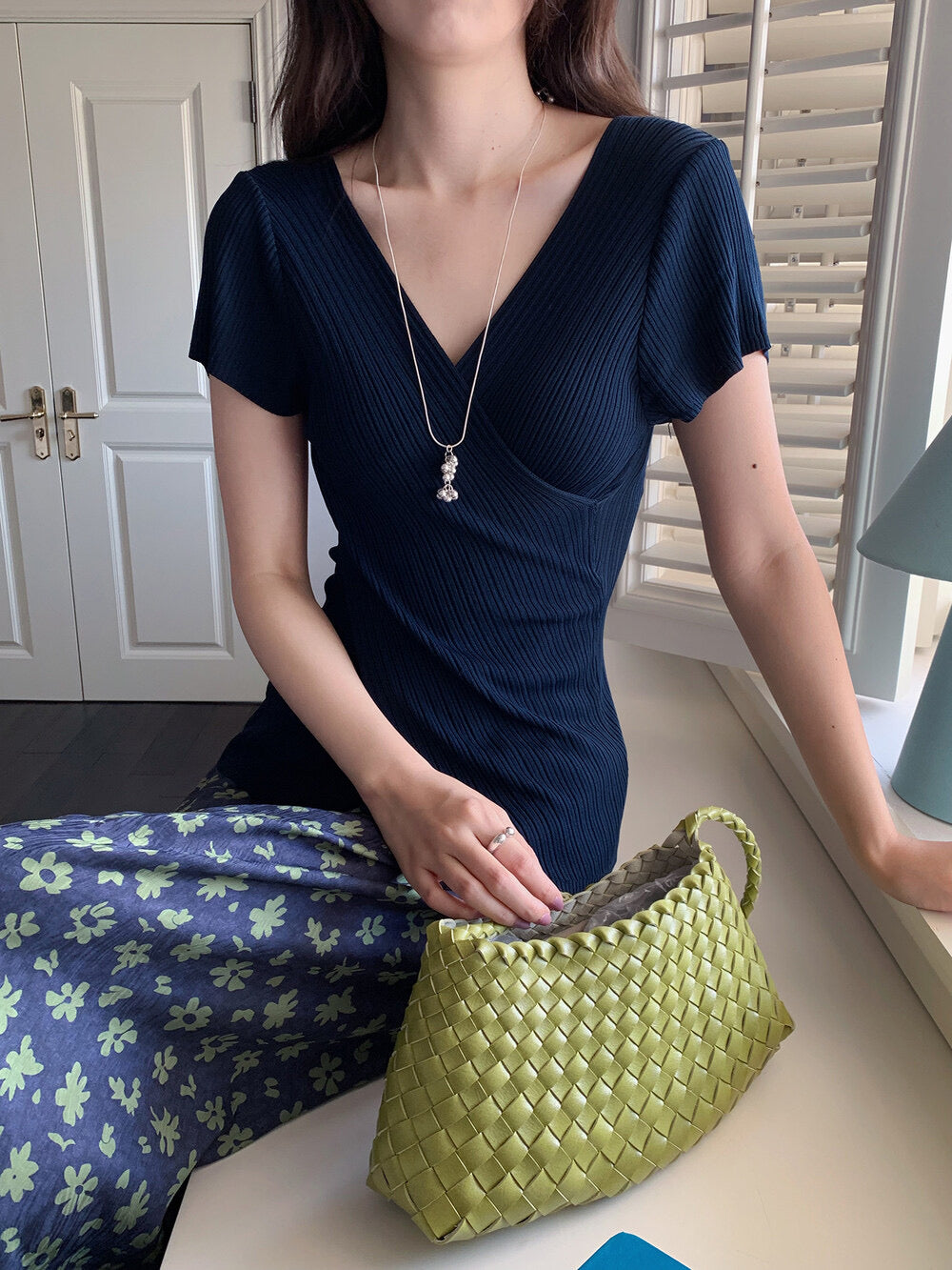 Slim Fit Two-Way Cross V-Neck Knit Top