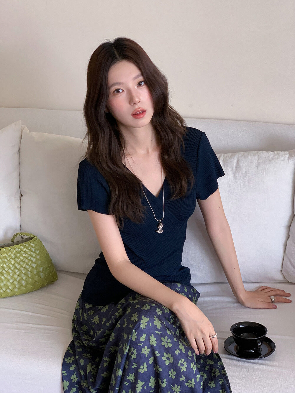 Slim Fit Two-Way Cross V-Neck Knit Top