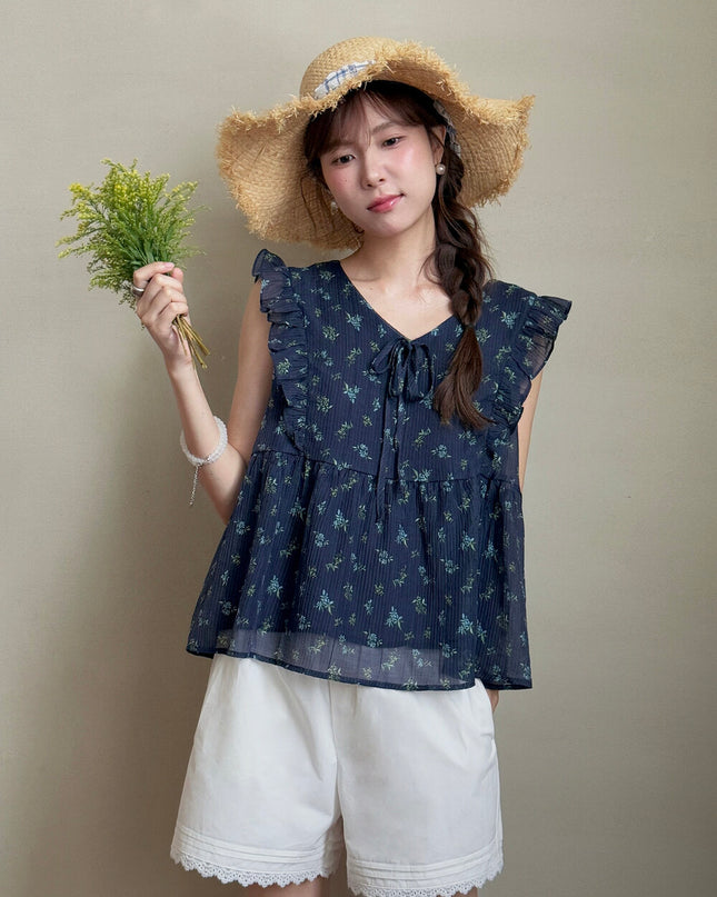 French Floral V-Neck Tie Blouse