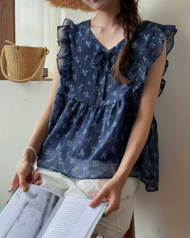 French Floral V-Neck Tie Blouse