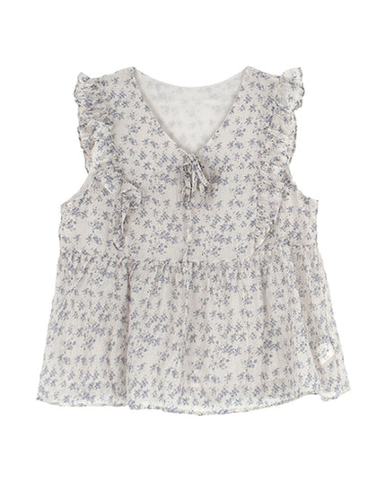 French Floral V-Neck Tie Blouse