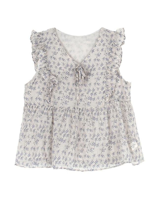 French Floral V-Neck Tie Blouse