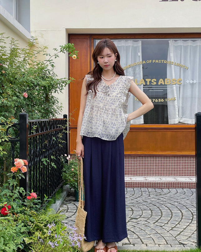 French Floral V-Neck Tie Blouse