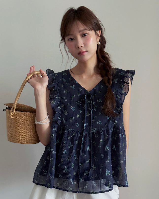 French Floral V-Neck Tie Blouse