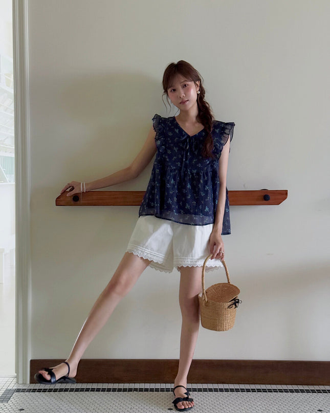 French Floral V-Neck Tie Blouse