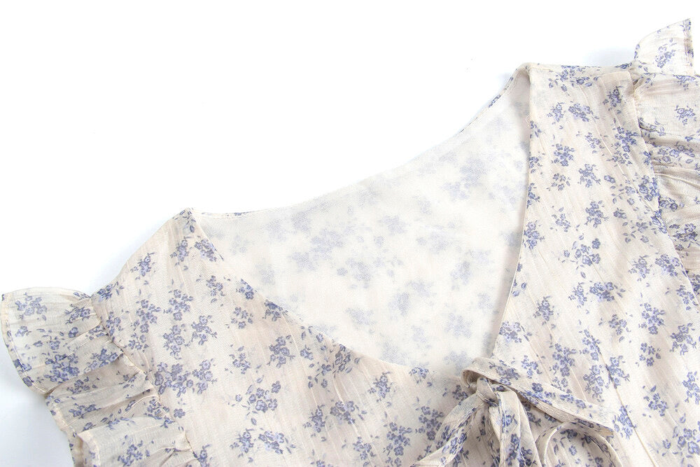 French Floral V-Neck Tie Blouse