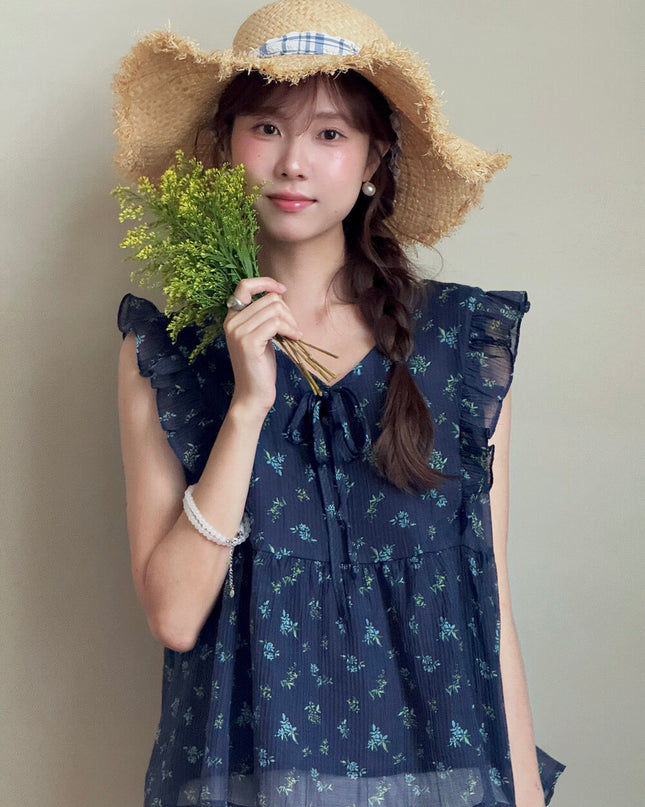 French Floral V-Neck Tie Blouse