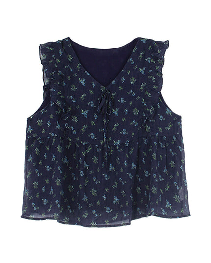 French Floral V-Neck Tie Blouse