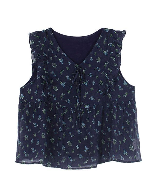 French Floral V-Neck Tie Blouse