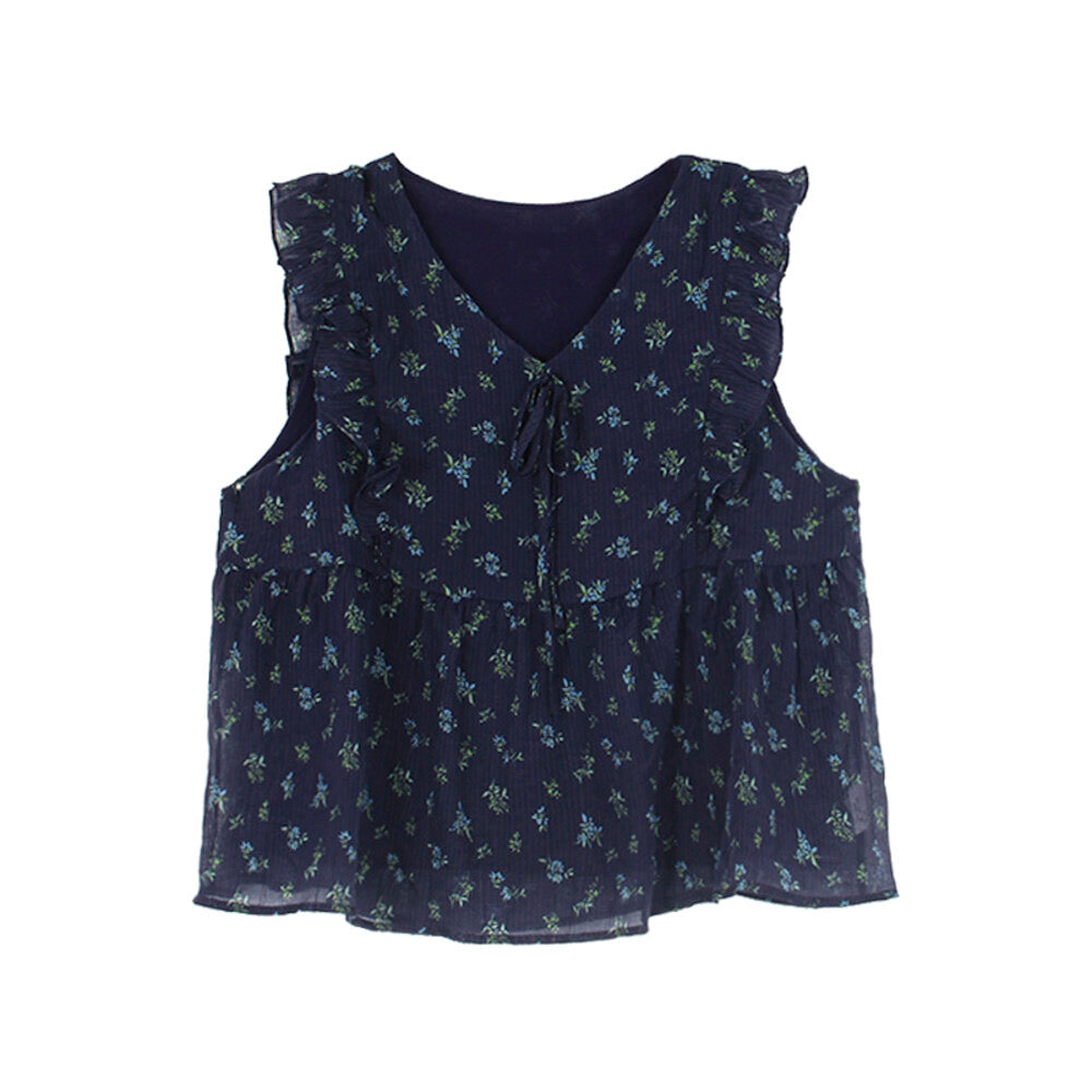 French Floral V-Neck Tie Blouse