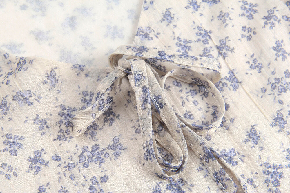 French Floral V-Neck Tie Blouse