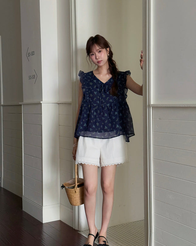 French Floral V-Neck Tie Blouse