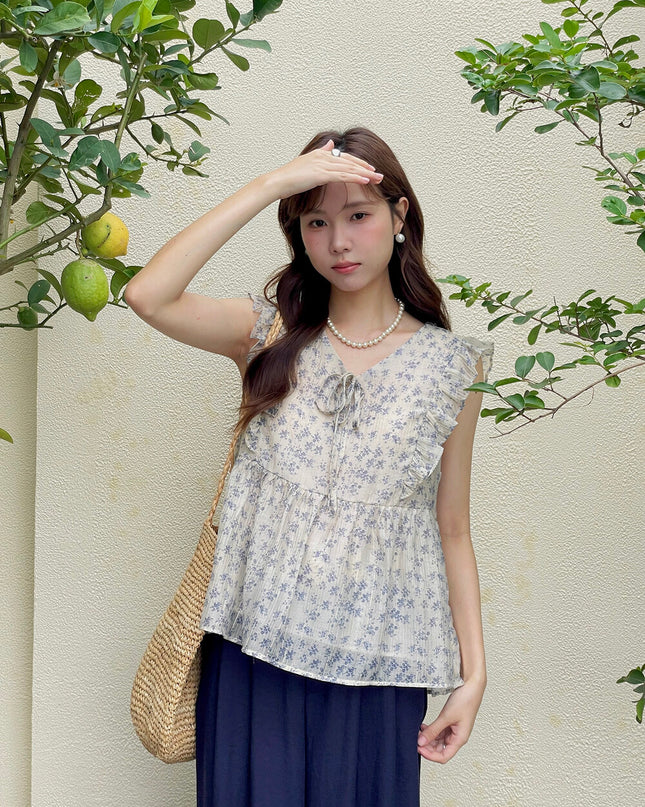 French Floral V-Neck Tie Blouse