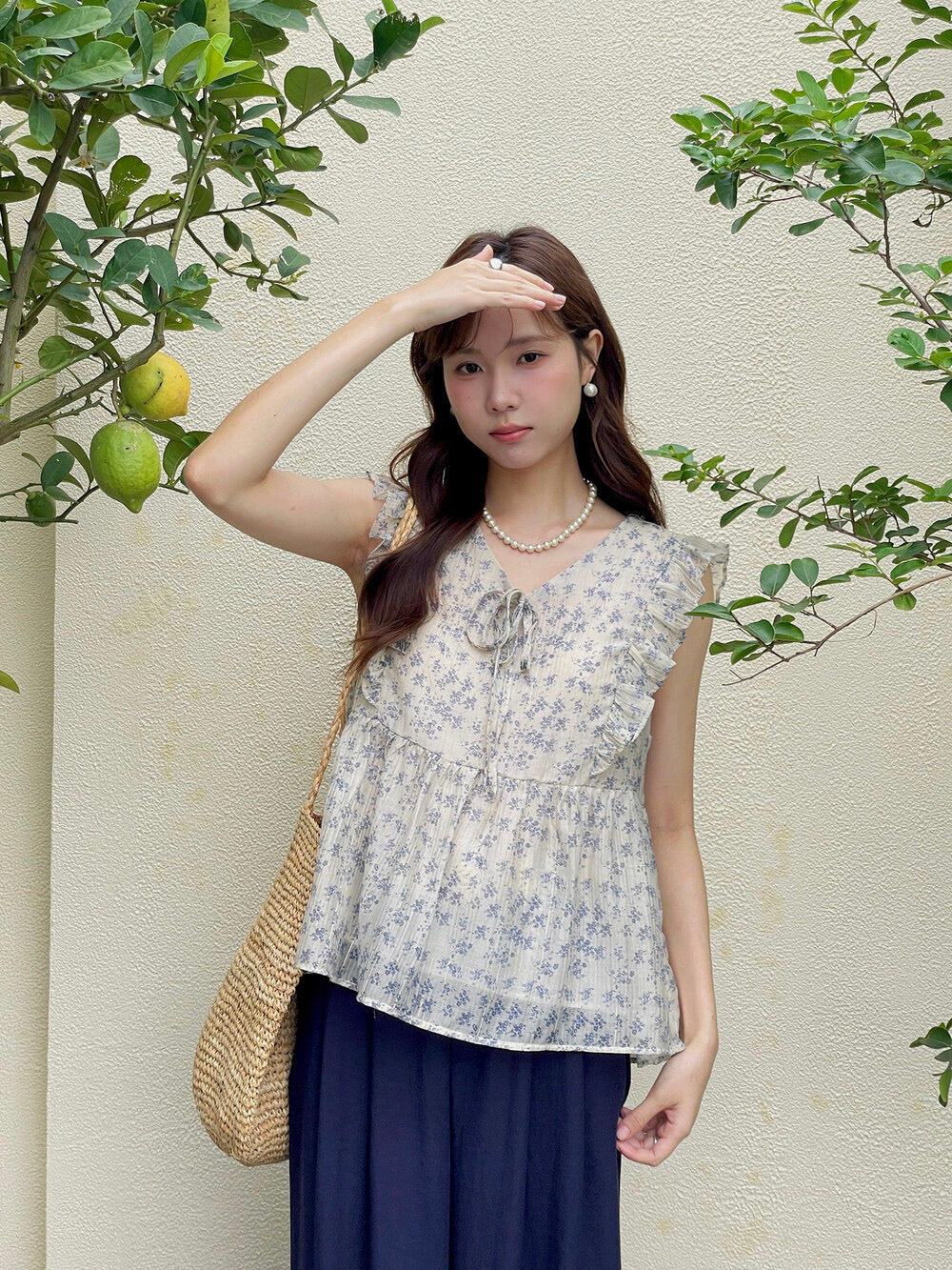 French Floral V-Neck Tie Blouse