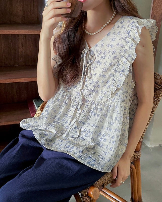 French Floral V-Neck Tie Blouse