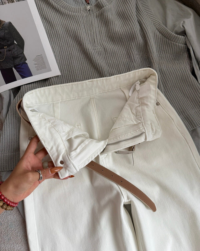 High-Waist Stretch Denim Wide-Leg Pants (with Belt)