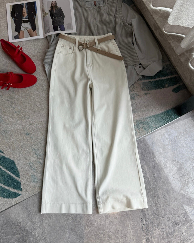 High-Waist Stretch Denim Wide-Leg Pants (with Belt)