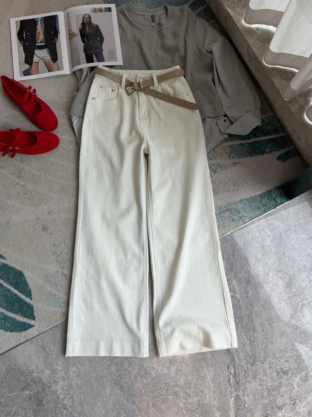 High-Waist Stretch Denim Wide-Leg Pants (with Belt)