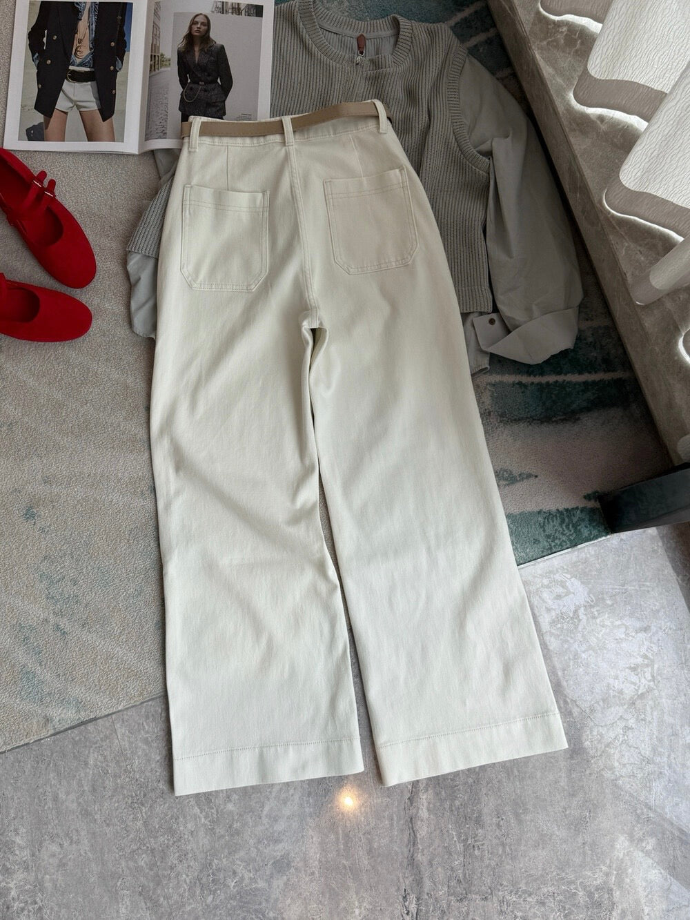 High-Waist Stretch Denim Wide-Leg Pants (with Belt)