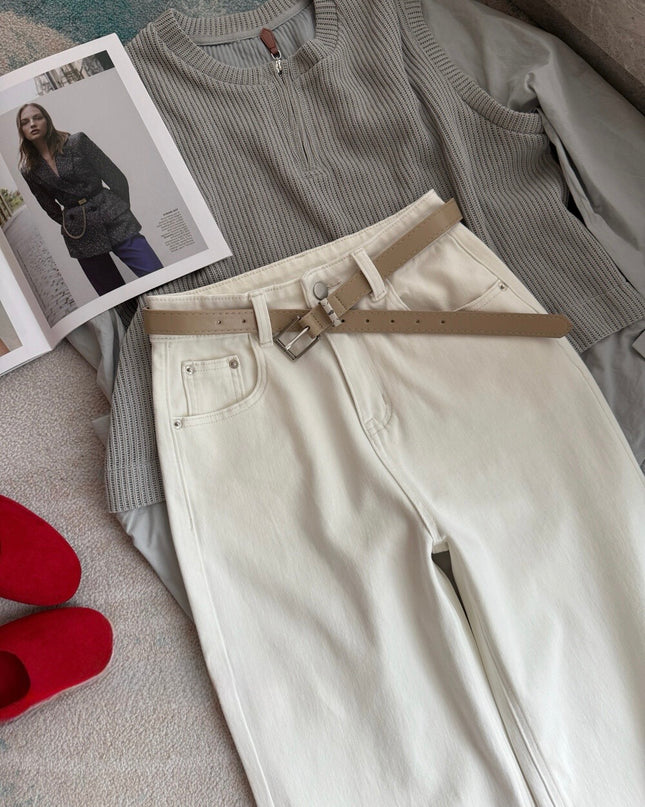 High-Waist Stretch Denim Wide-Leg Pants (with Belt)