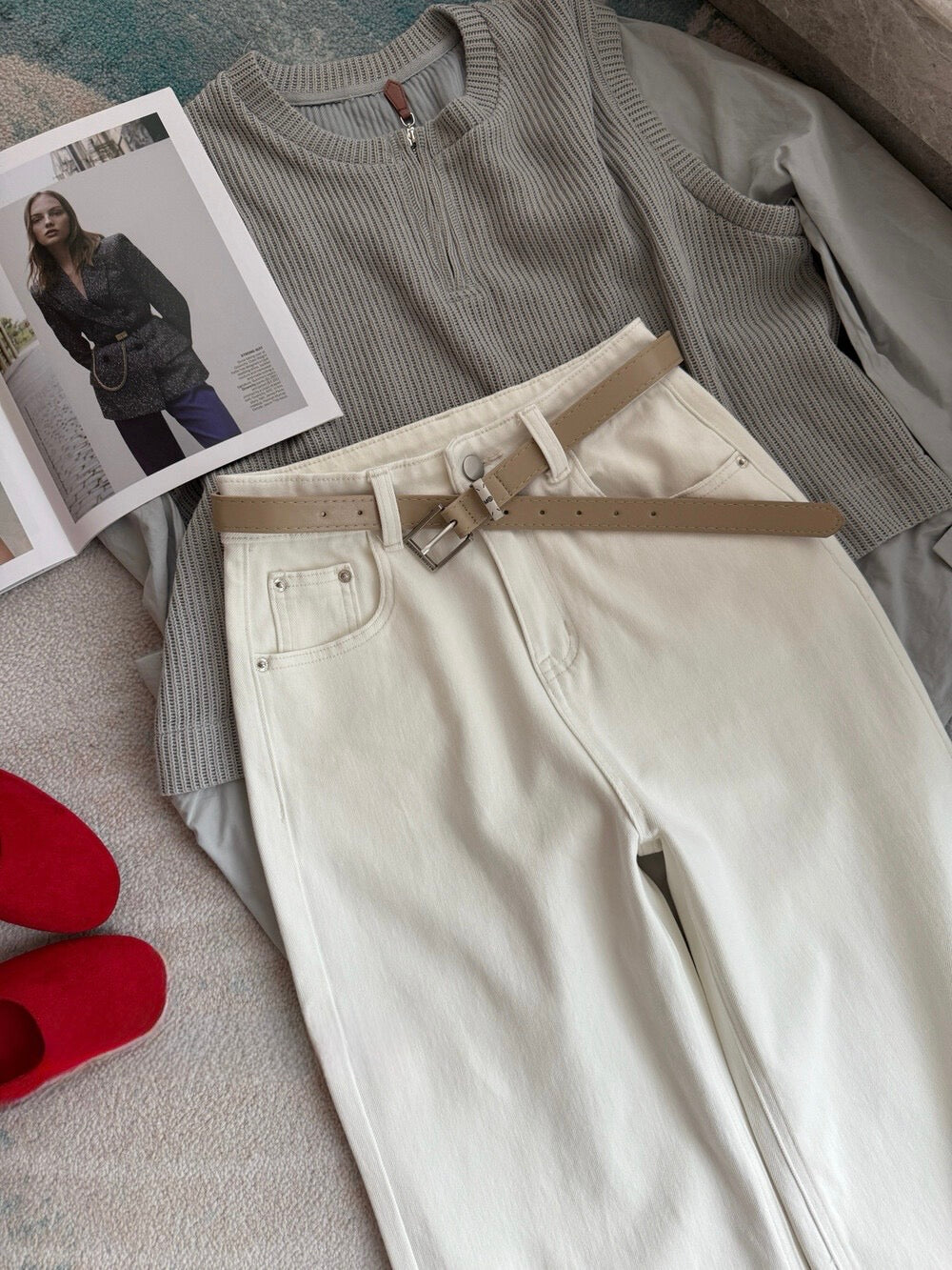 High-Waist Stretch Denim Wide-Leg Pants (with Belt)
