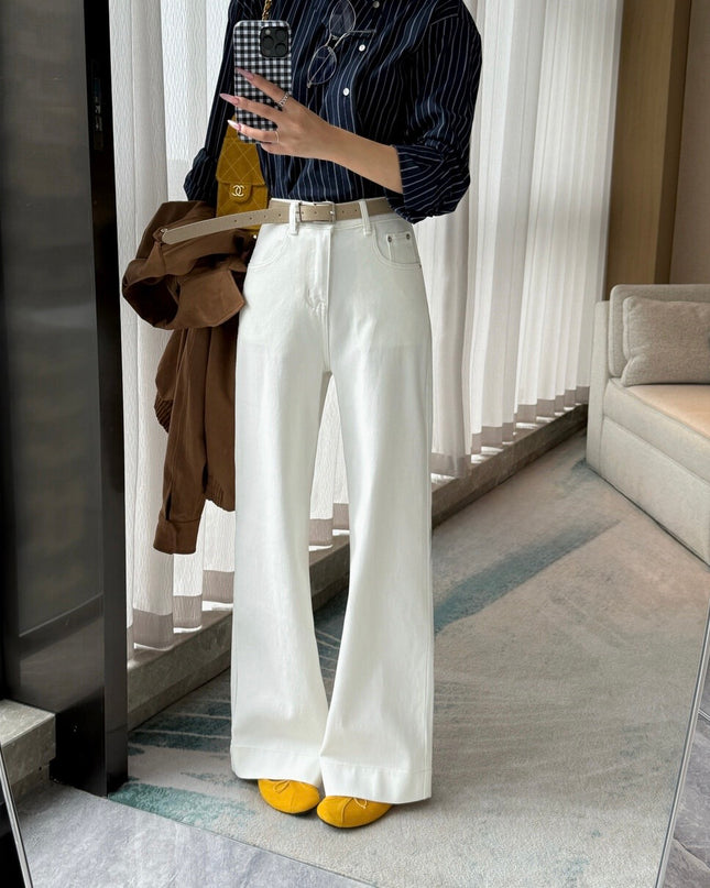 High-Waist Stretch Denim Wide-Leg Pants (with Belt)