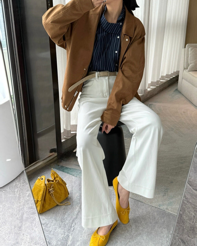 High-Waist Stretch Denim Wide-Leg Pants (with Belt)