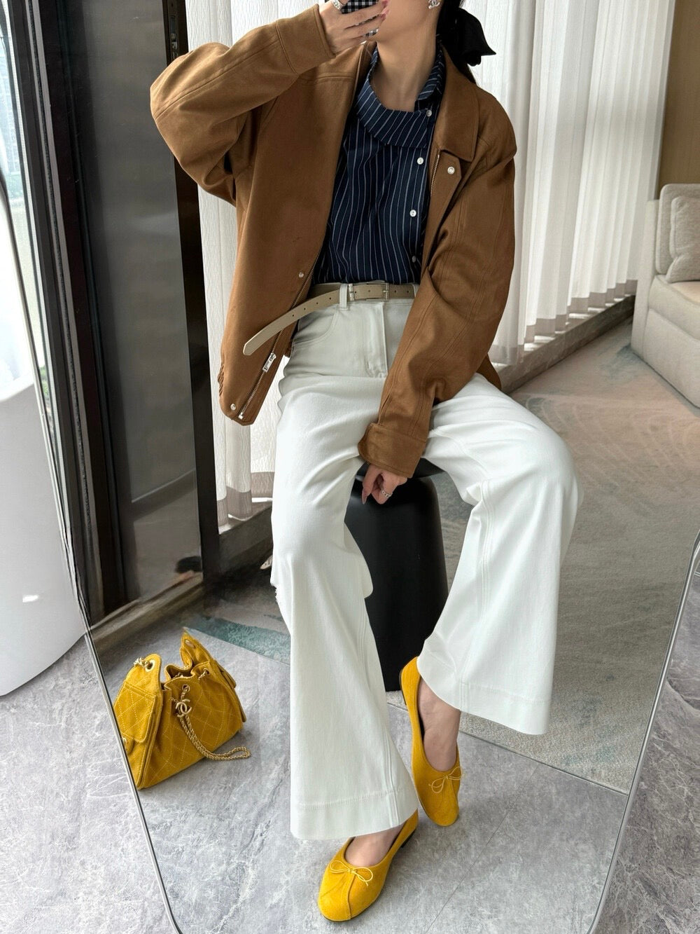 High-Waist Stretch Denim Wide-Leg Pants (with Belt)