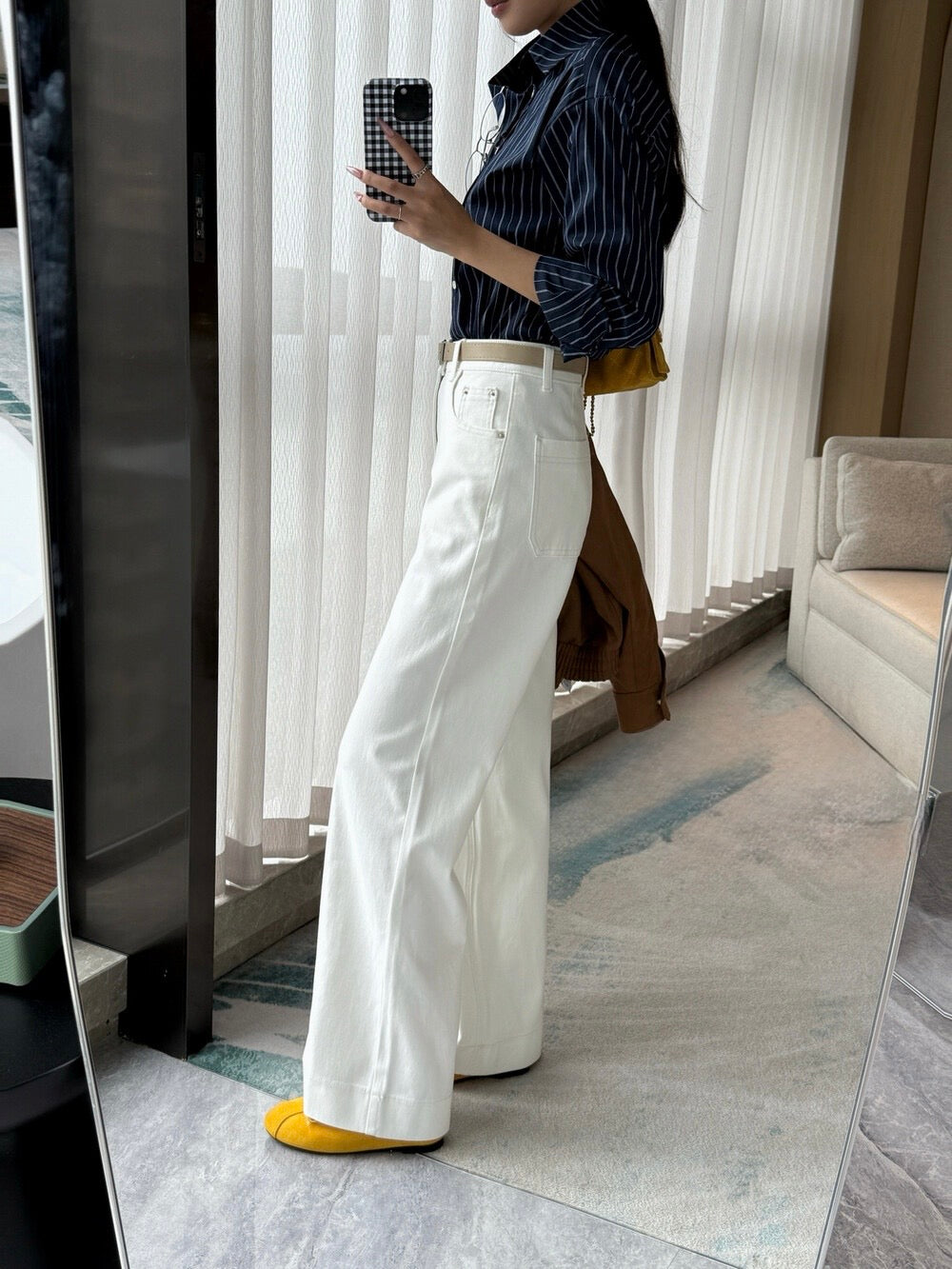 High-Waist Stretch Denim Wide-Leg Pants (with Belt)