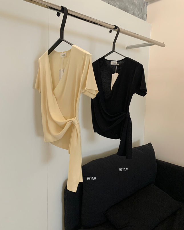 WGWE Korean Style V-Neck Cross Tie Short Sleeve Knit Top