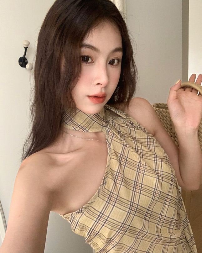 GS.GOOD START Off Shoulder Plaid Tank Top with Sweet Chic Vibes