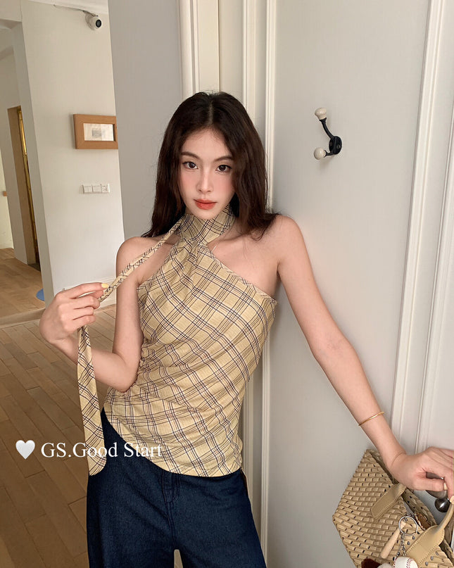 GS.GOOD START Off Shoulder Plaid Tank Top with Sweet Chic Vibes