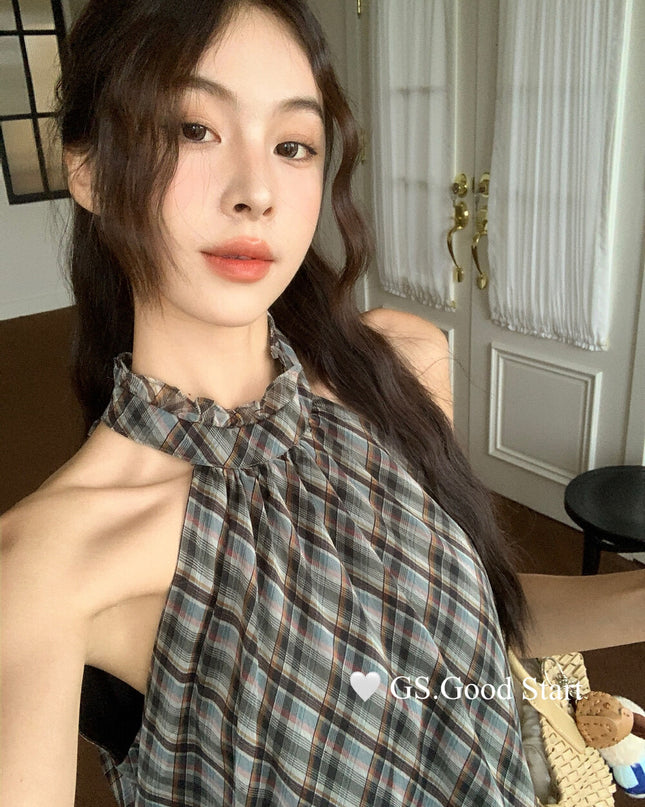 GS.GOOD START Korean Sweet Plaid Bubble Hem Tank Top