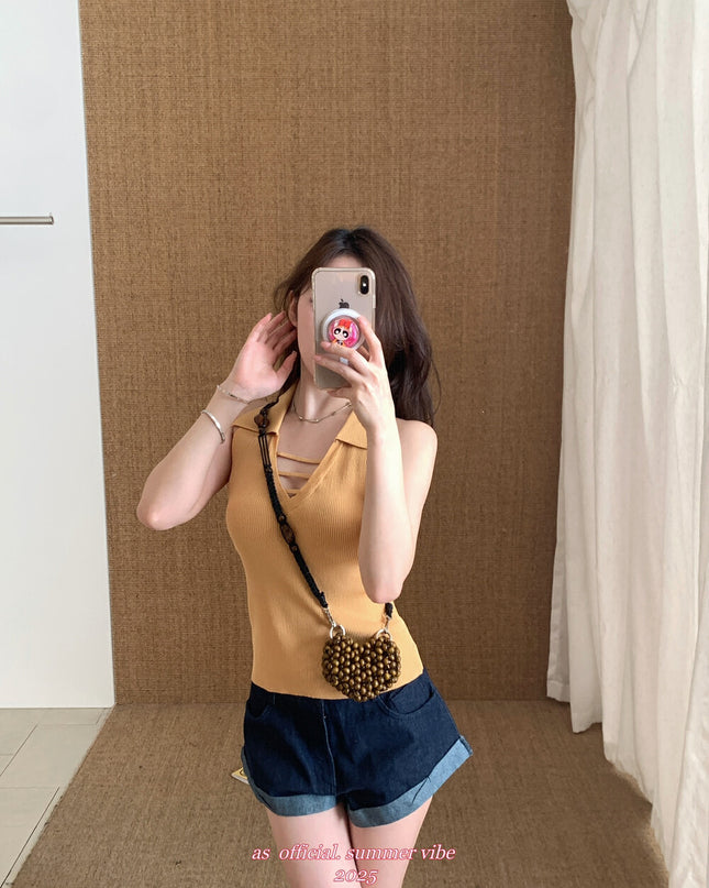 AS OFFICIAL Knit Collared Halter Tank Top